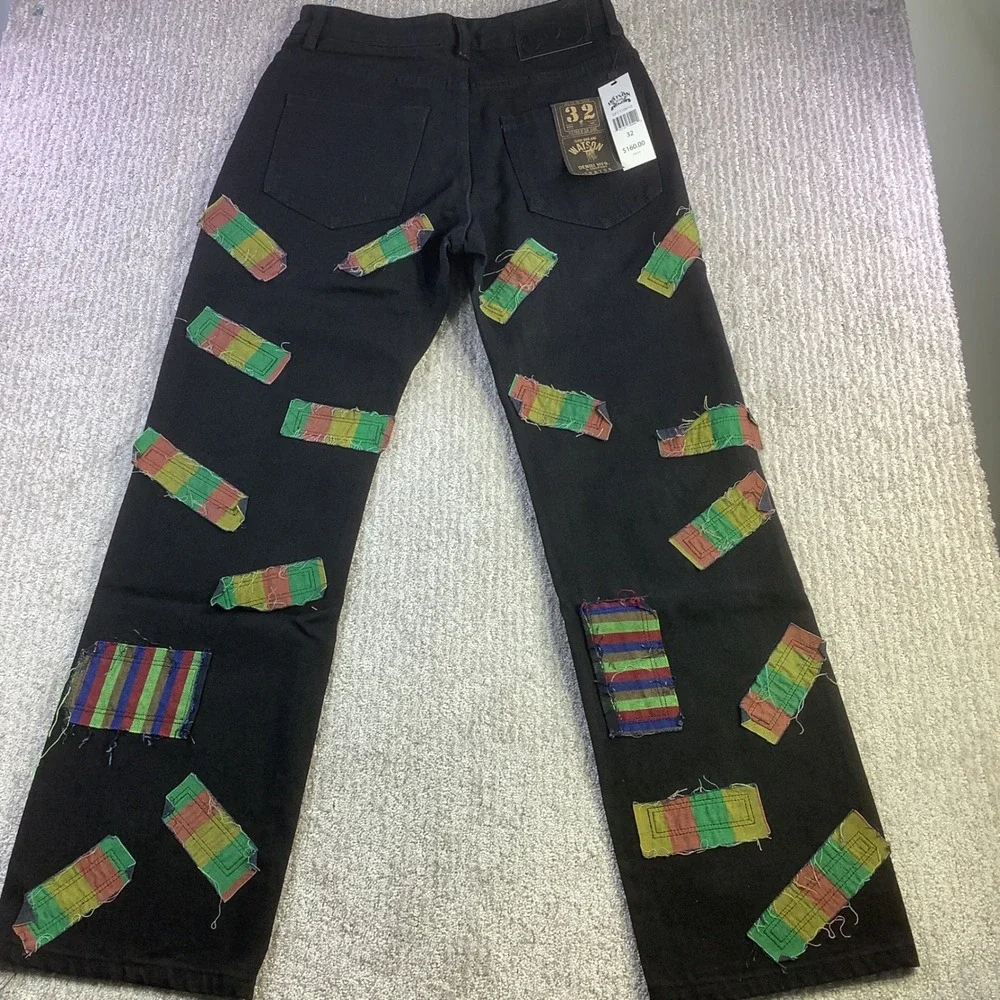 Watson Denim Black Jeans Mens‎ Size 32 (Actual 30 x 31) Rasta Patches NWT